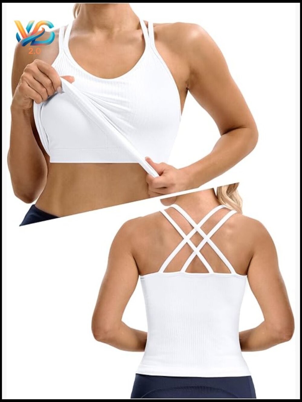 Seamless Ribbed Workout Tank with Built-in Bra, Crisscross Back, V-Neck